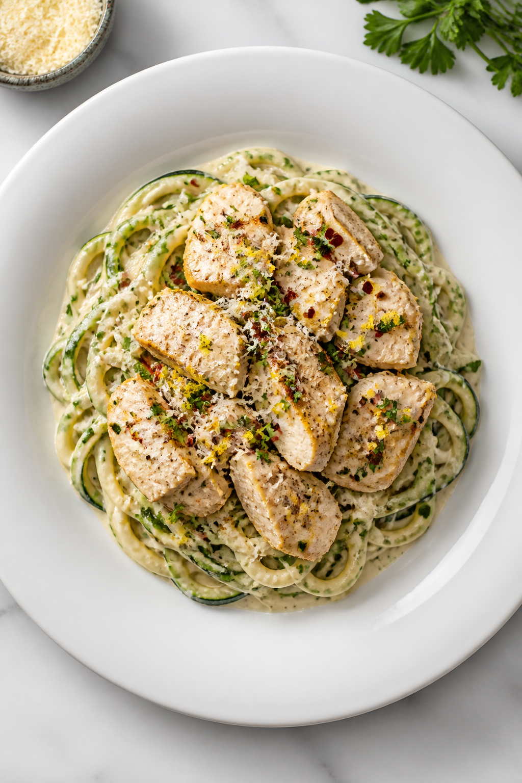 Final dish presentation: Restaurant-quality plate of High Protein Chicken Alfredo Zucchini Noodles, 