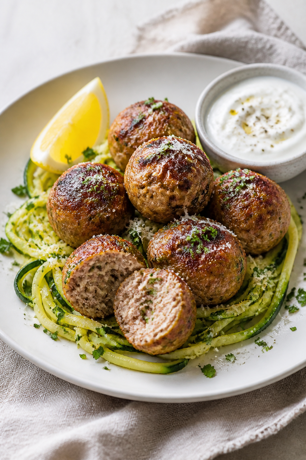 Final dish presentation: Restaurant-quality plate of garlic Parmesan meatballs over twirled zucchini