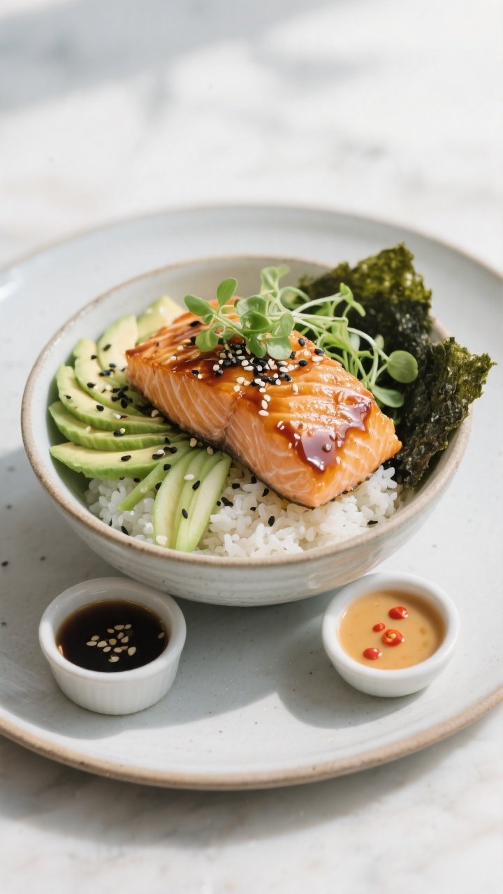 Final dish presentation: Restaurant-quality plated salmon avocado rice bowl using miso-maple glaze v