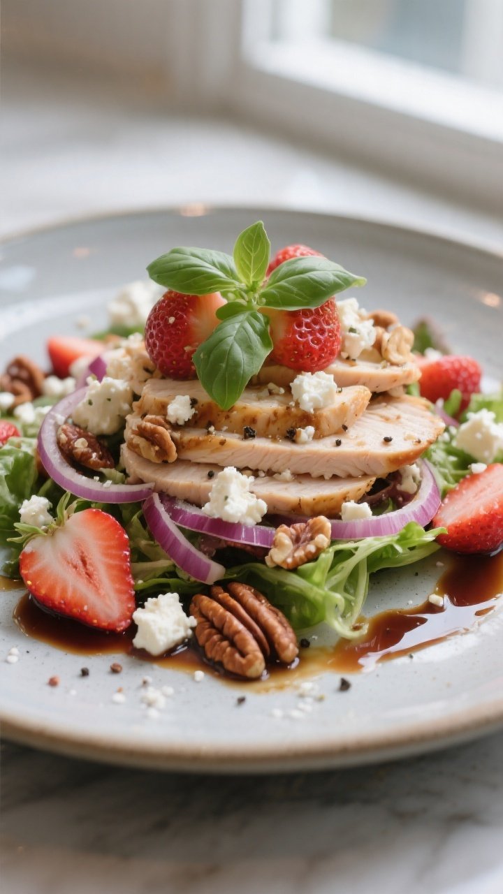 Final dish presentation: Restaurant-quality plated salad on a matte ceramic plate, chicken slices st