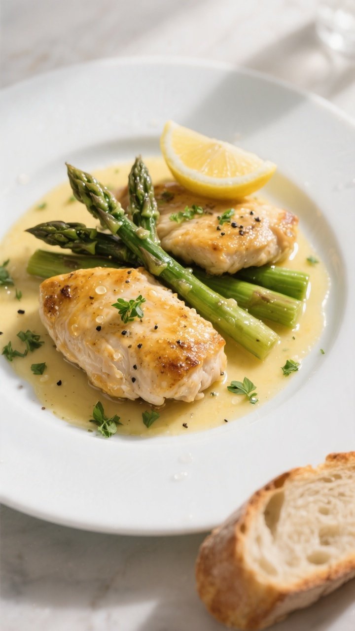Final dish presentation: Restaurant-quality plated lemon garlic chicken & asparagus on a wide white 