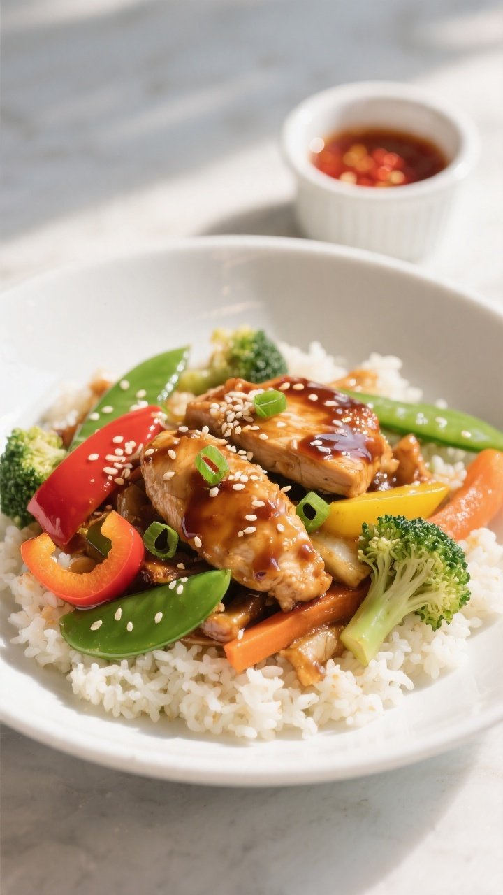 Final dish presentation: Restaurant-quality plated chicken stir fry over cauliflower rice in a wide 