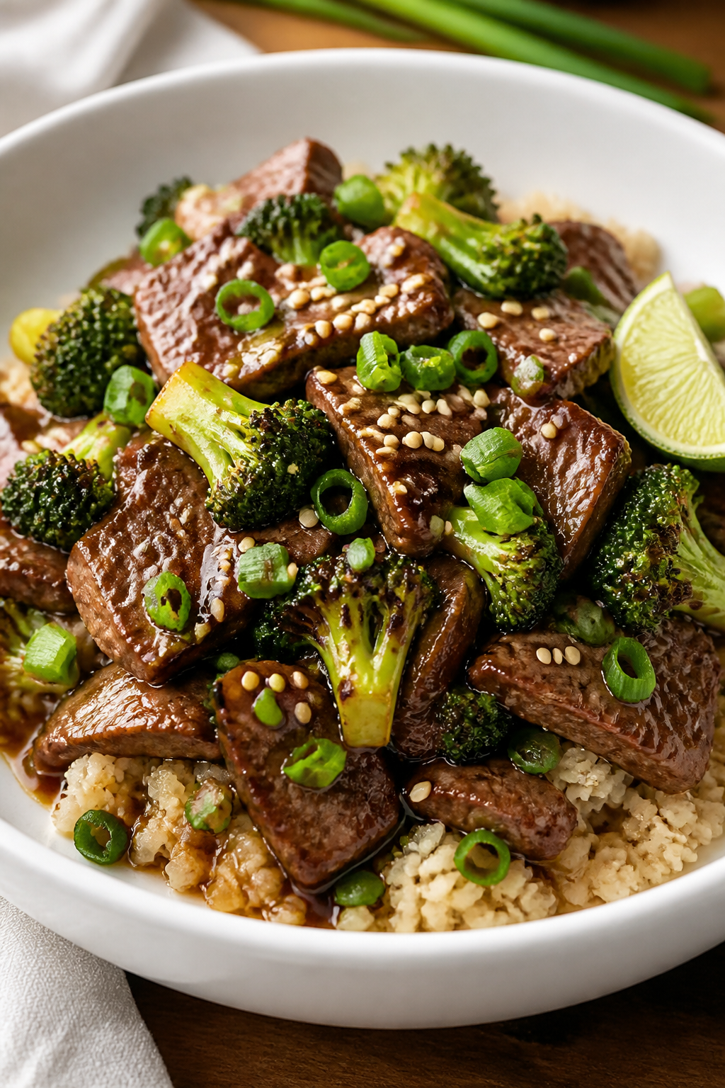Final dish presentation: Restaurant-quality plated beef and broccoli over fluffy cauliflower rice in