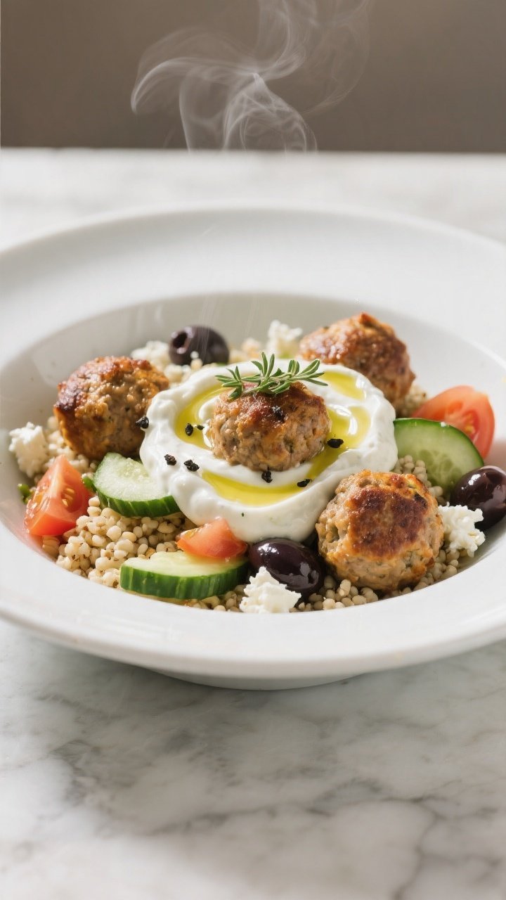 Final dish presentation: Restaurant-quality plated turkey meatball bowl variation—Mediterranean st
