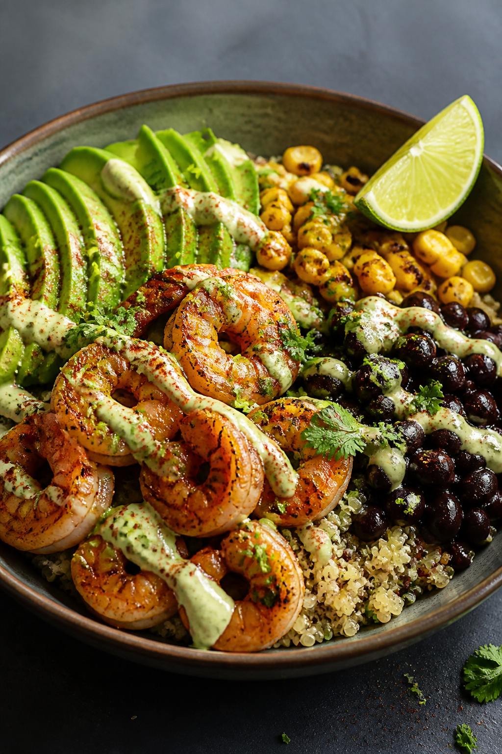 Final dish presentation: Restaurant-quality plated shrimp taco bowl close-up, composed in a wide, sh