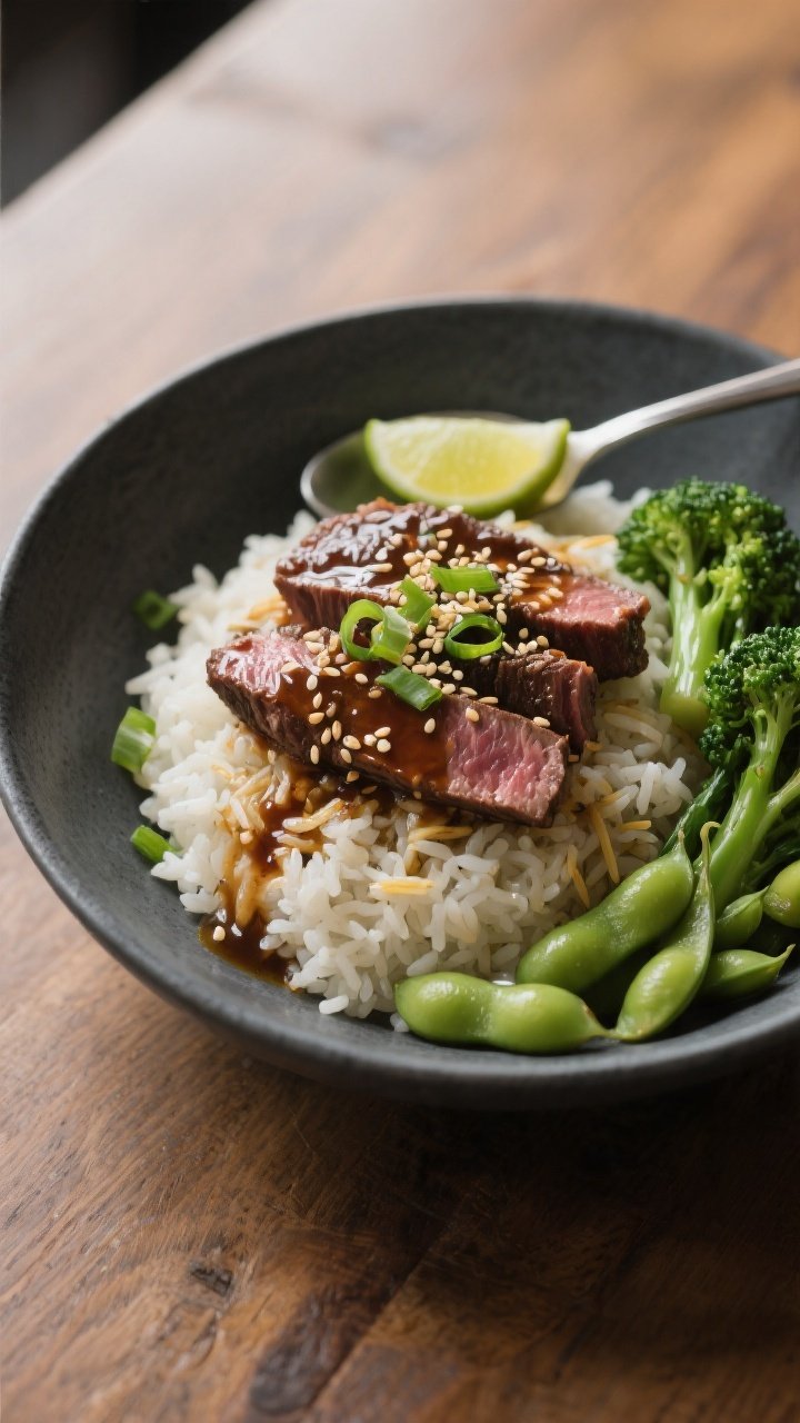Final dish presentation: Restaurant-quality plated steak-and-rice bowl—mounded basmati rice topped