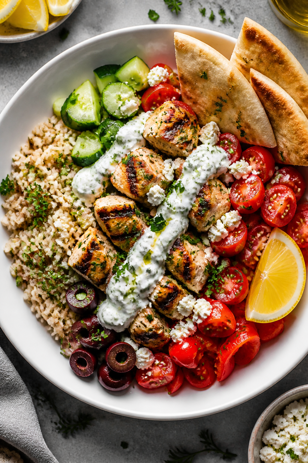Final dish presentation: Restaurant-quality plated Greek Chicken Protein Bowl, top-down hero shot—