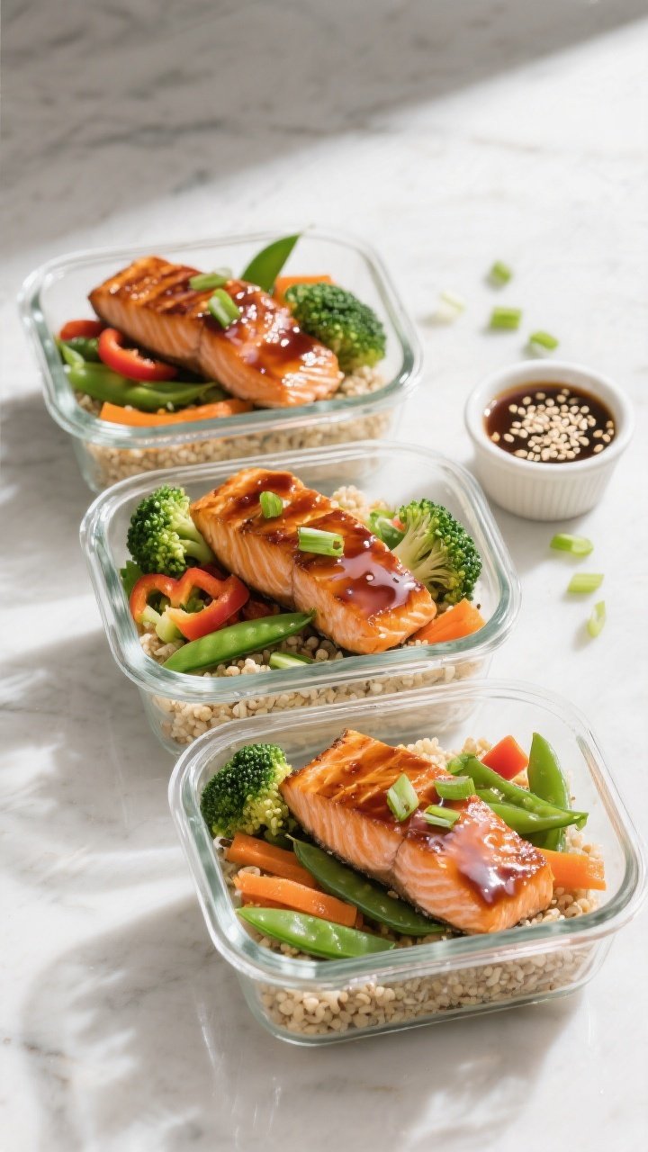 Final dish presentation: Restaurant-quality plated teriyaki salmon bowl for meal prep—three glass 