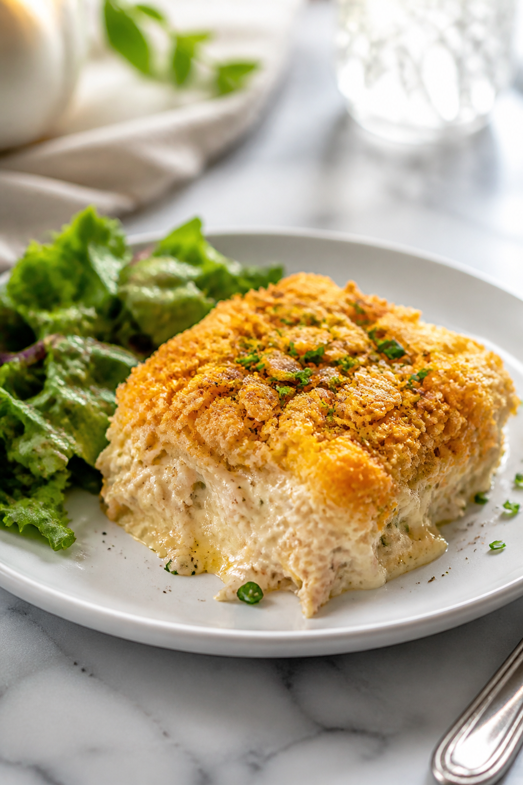 Final dish presentation: Restaurant-quality plated serving of Million Dollar Chicken Casserole on a 