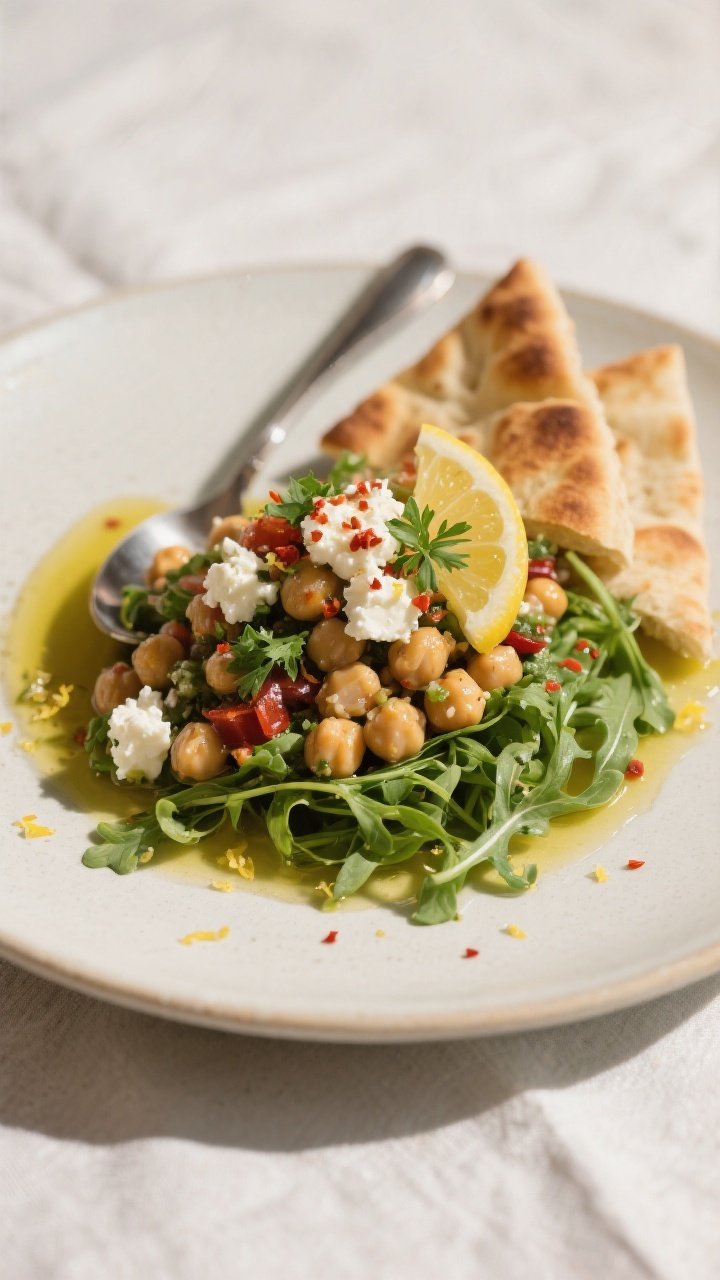 Final dish presentation: Restaurant-quality plated serving of Mediterranean Chickpea Salad spooned o
