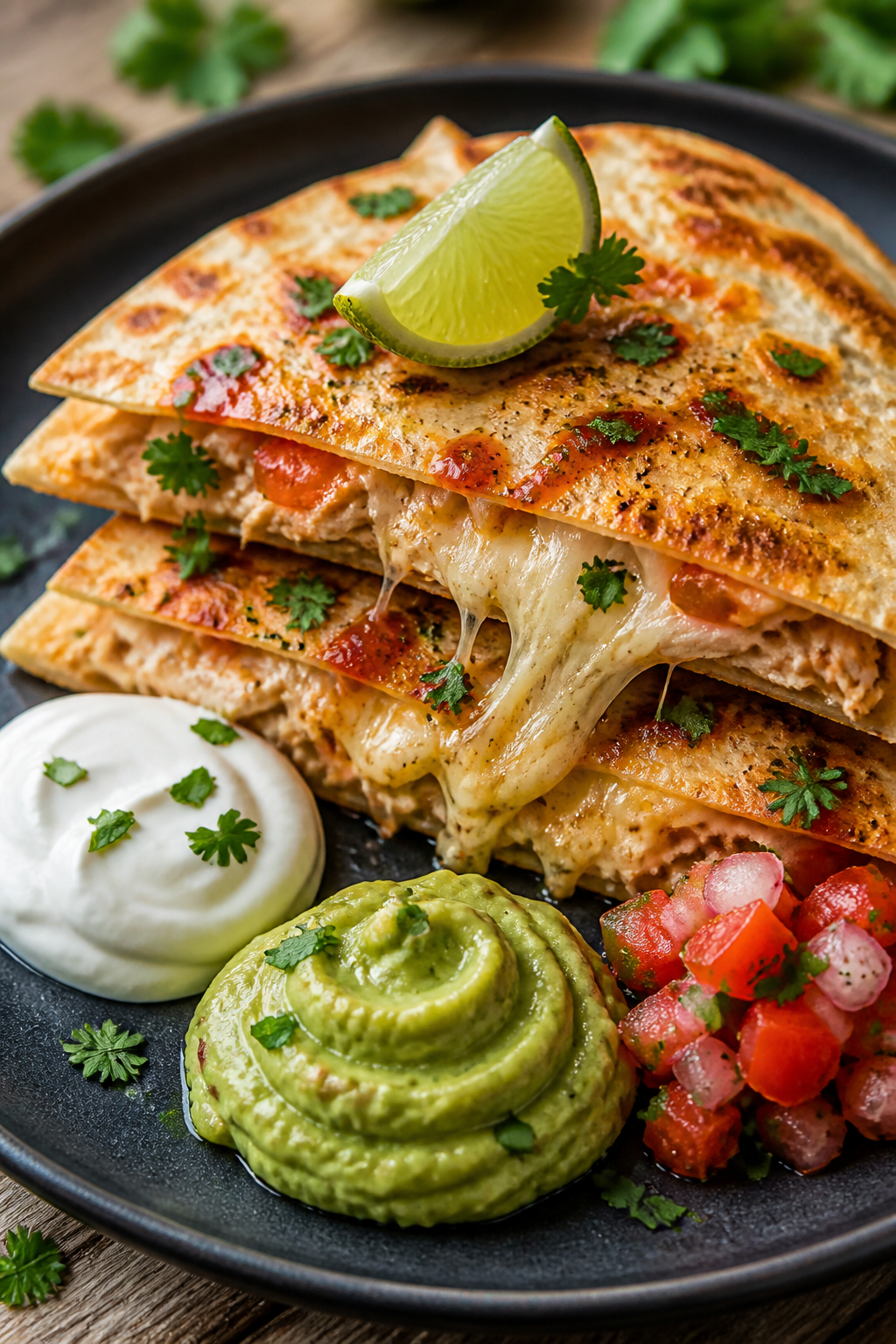 Final dish presentation: Restaurant-quality plated rotisserie chicken quesadilla melt stack, two ove