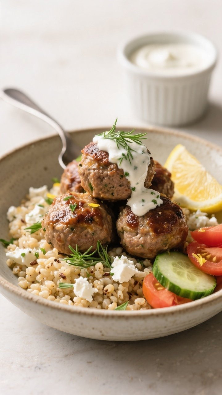 Final dish presentation: Restaurant-quality plated Greek Turkey Meatball Bowl in a wide, shallow sto