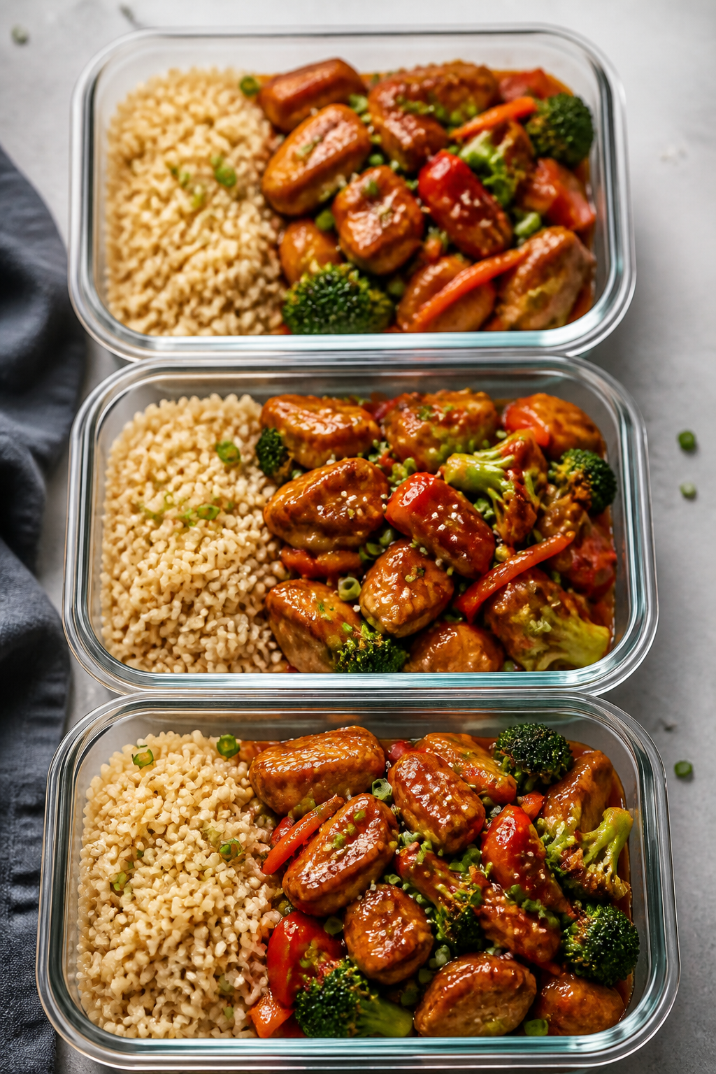 Final dish presentation: Restaurant-quality plated sesame chicken bowls for meal prep—three glass