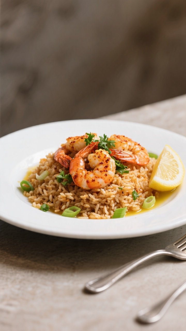 Final dish presentation: Restaurant-quality plated High-Protein Cajun Shrimp & Rice Skillet, mounded