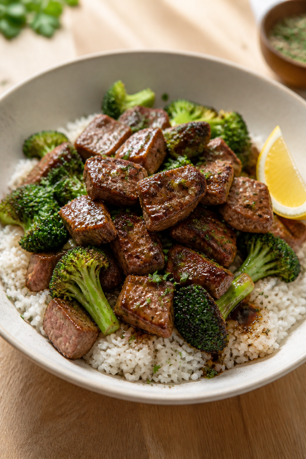 Final dish presentation: Restaurant-quality plated garlic butter steak bowls—steak bites and brocc