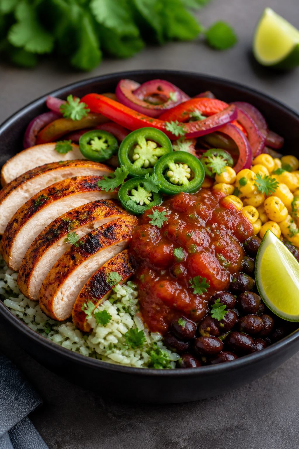 Final dish presentation: Restaurant-quality plating of a Cilantro-Lime Rice variation bowl—vibrant