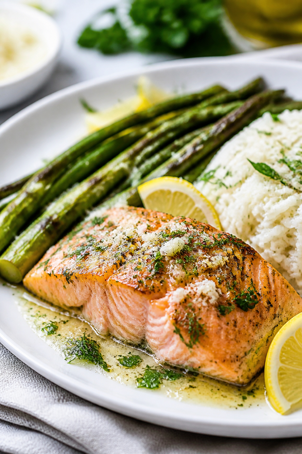 Final dish presentation: Restaurant-quality plating of the Garlic Herb Salmon & Asparagus slid from 