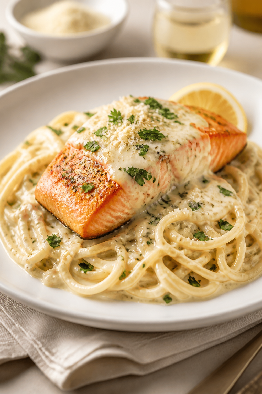 Final dish presentation: Restaurant-quality plating of Creamy Garlic Parmesan Salmon over buttered l