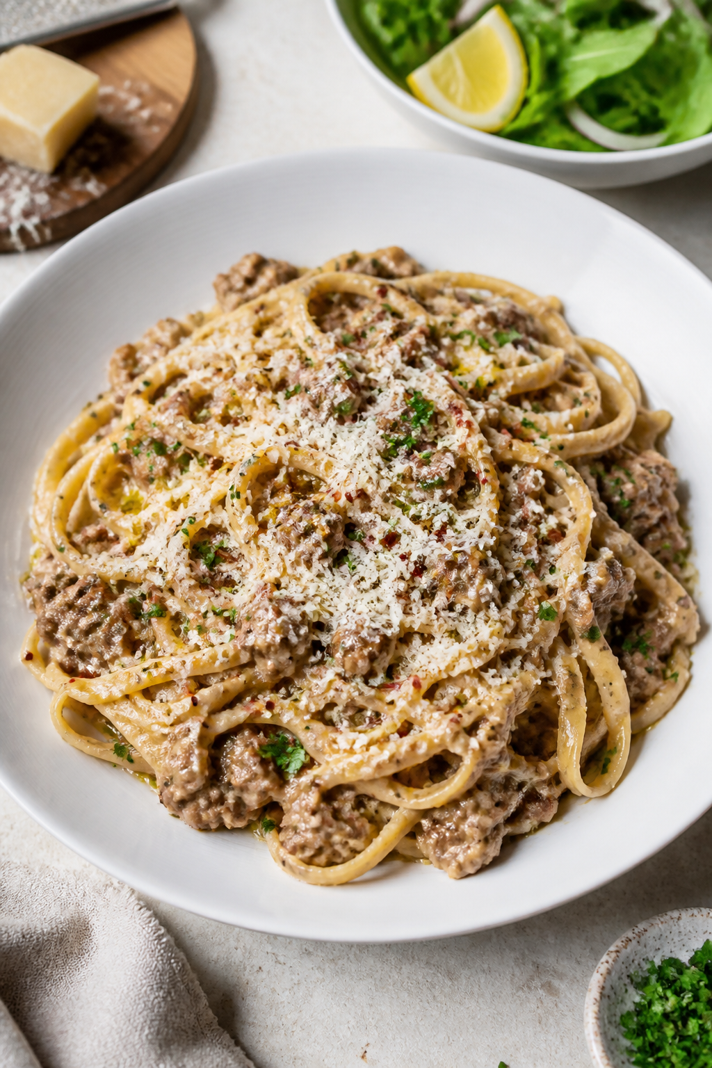 Final dish presentation: Restaurant-quality plating of One-Pot Creamy Beef Pasta in a wide, shallow