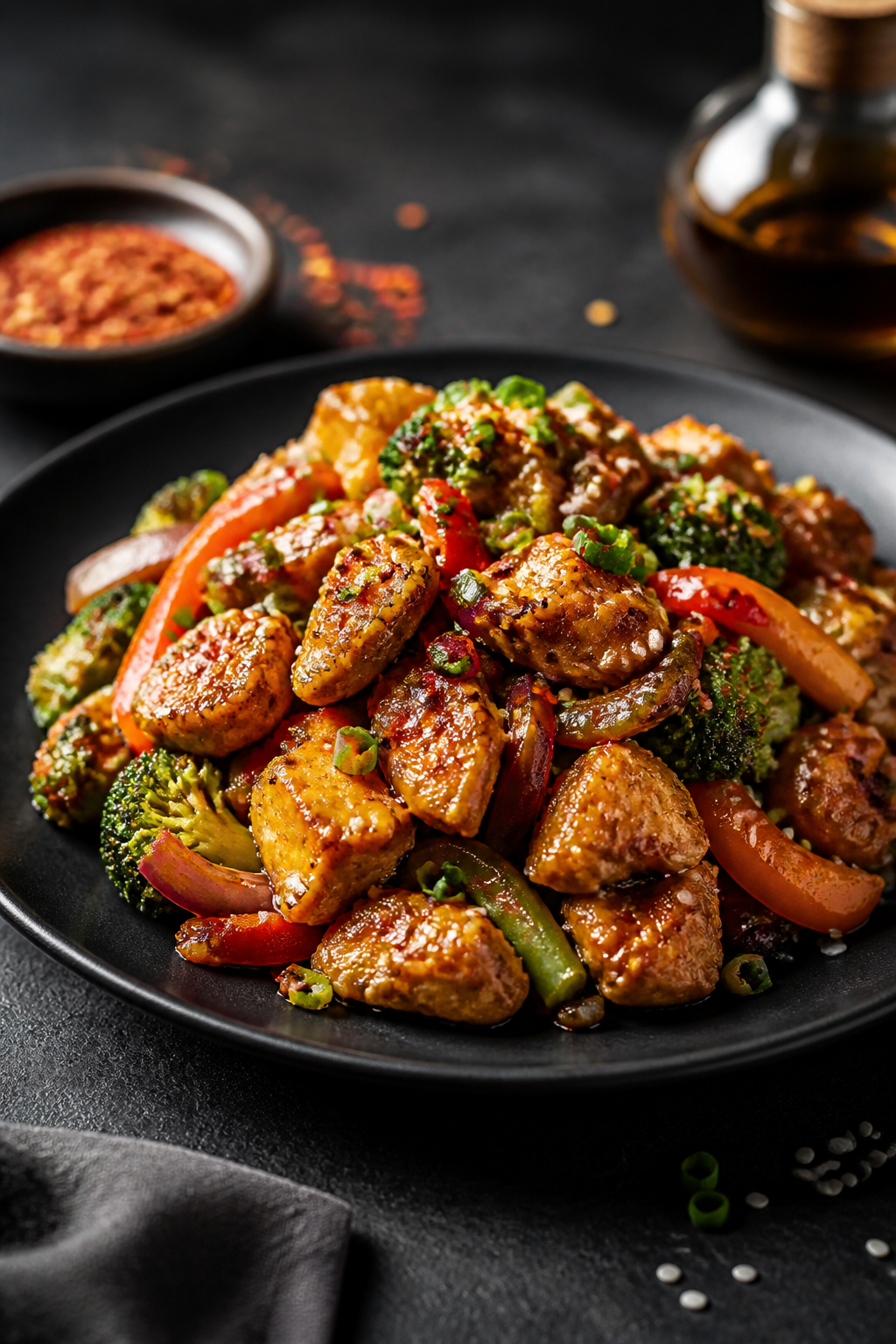 Final dish presentation: Restaurant-quality plating of the stir fry piled high on a shallow matte-bl