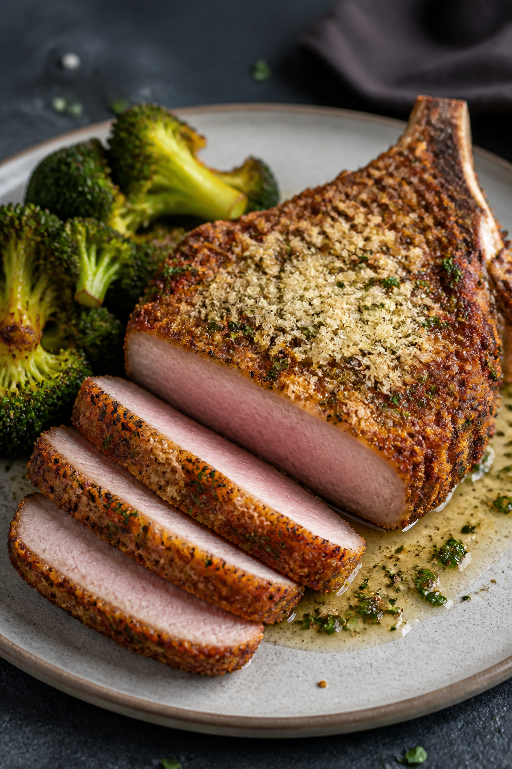 Final dish presentation: Restaurant-quality plating of a thick, bone-in Garlic Parmesan Pork Chop sl