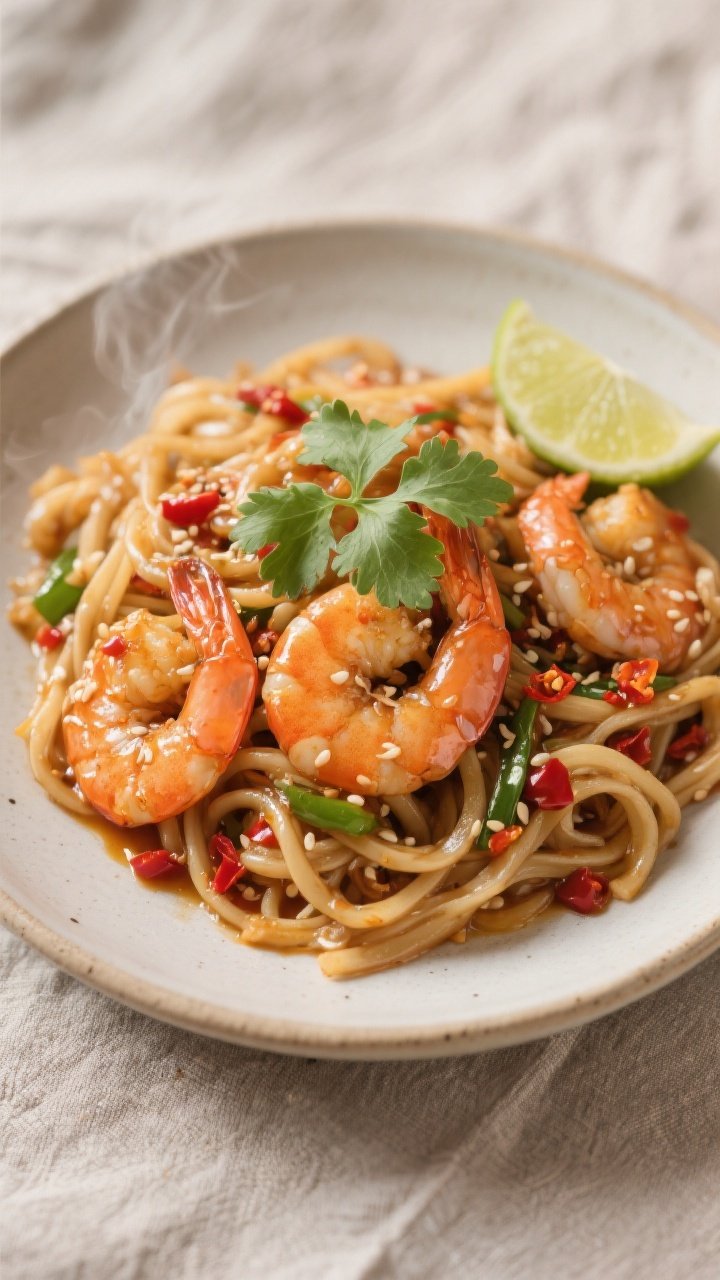 Final dish presentation: Restaurant-quality plating of Spicy Garlic Shrimp Stir Fry tossed with thin