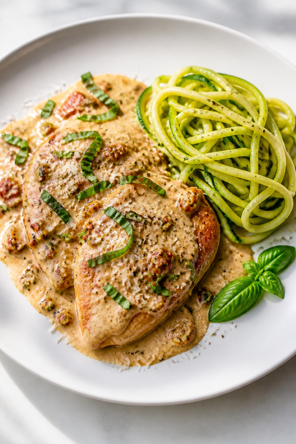 Final dish presentation: Restaurant-quality plating of Low Carb Marry Me Chicken—two cutlets spoon
