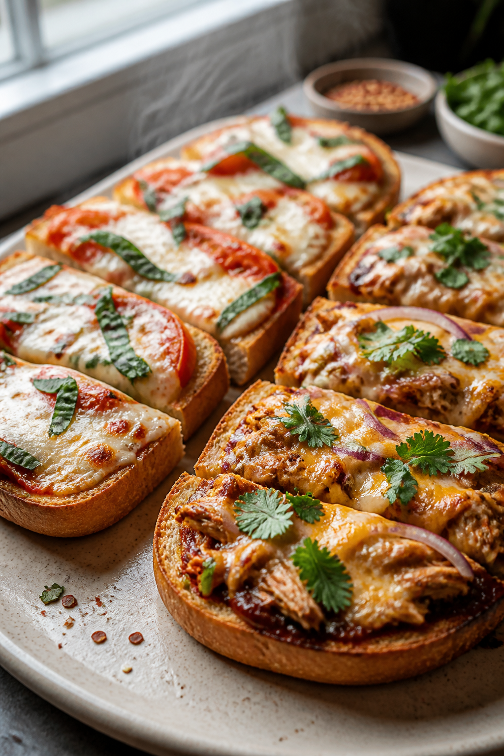 Final dish presentation: Restaurant-quality platter of finished French bread pizza slices, cheese me