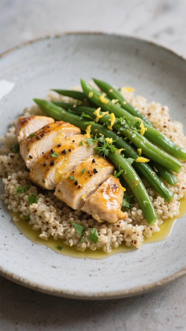 Final dish presentation: Restaurant-quality single serving of Lemon Garlic Chicken & Green Beans on 