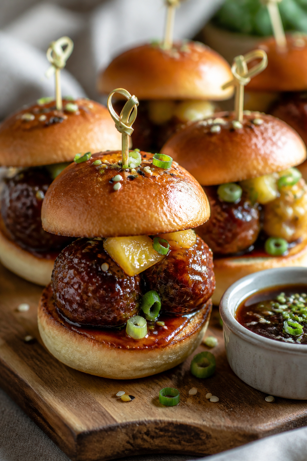 Final dish presentation: Teriyaki meatball sliders arranged on a wooden board, each toasted slider b