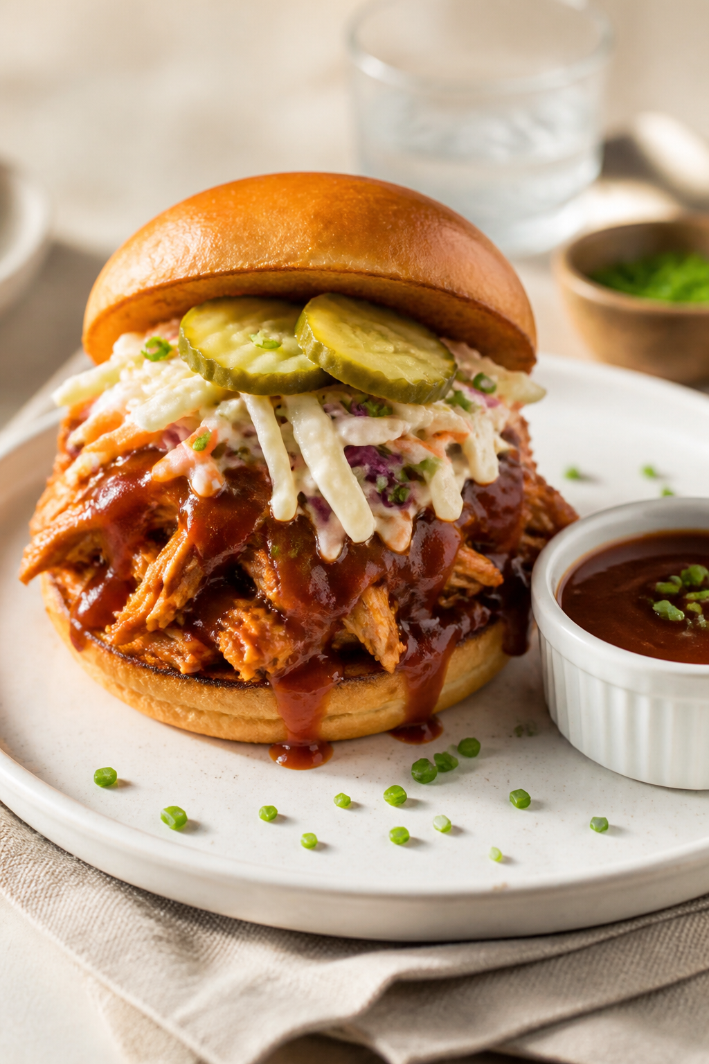 Final dish presentation: Toasted brioche bun stacked high with saucy BBQ chicken, crowned with crunc