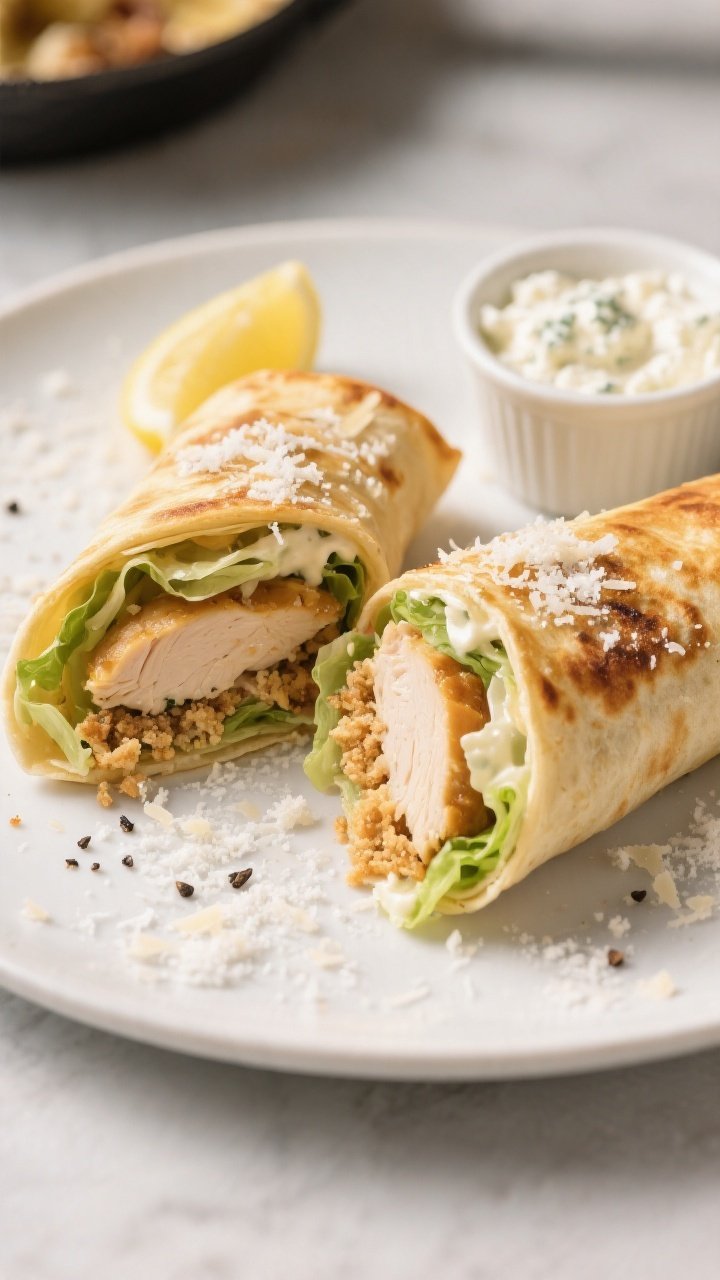 Final dish presentation: Two golden, skillet-toasted Chicken Caesar wraps, halved on a matte white p