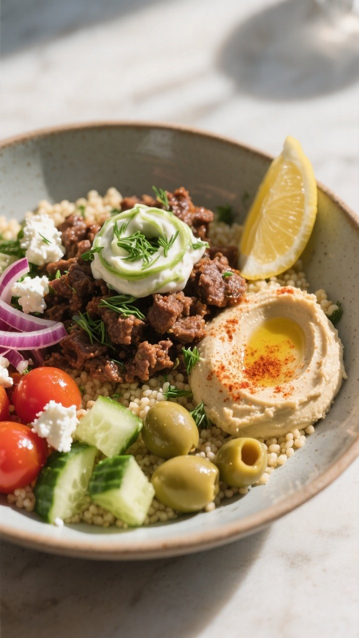 Final dish — restaurant-quality plated bowl: Three-quarter angle close-up of a finished Mediterran