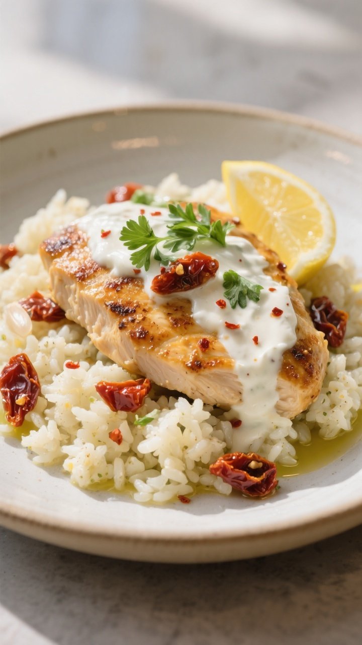 Final dish, restaurant-style presentation: High Protein Marry Me Chicken served over garlicky caulif