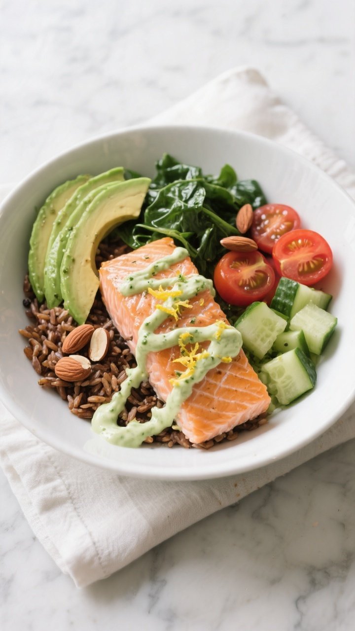 Final dish — Restaurant-worthy presentation: Beautifully plated High Protein Pesto Salmon Bowl in 