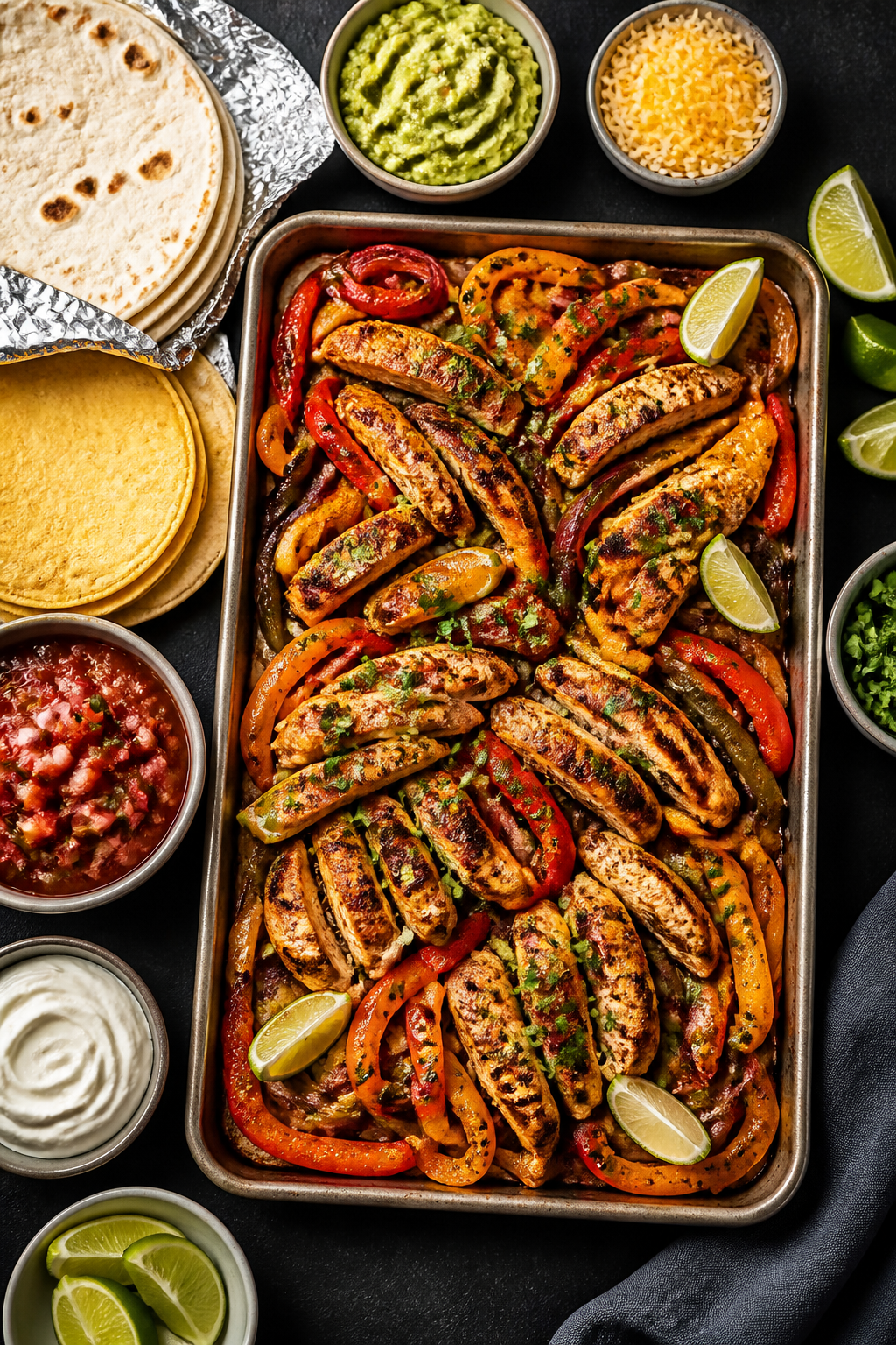 Final dish, tasty top view for serving: Overhead, restaurant-quality spread of a family-style fajita