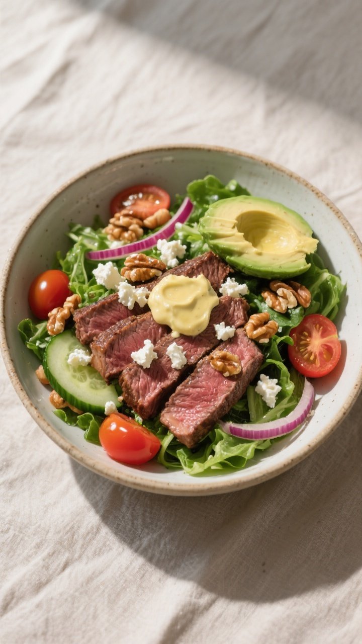 Final dish — Tasty top view salad bowl: Overhead shot of the Steak & Garlic Butter Salad Bowl full