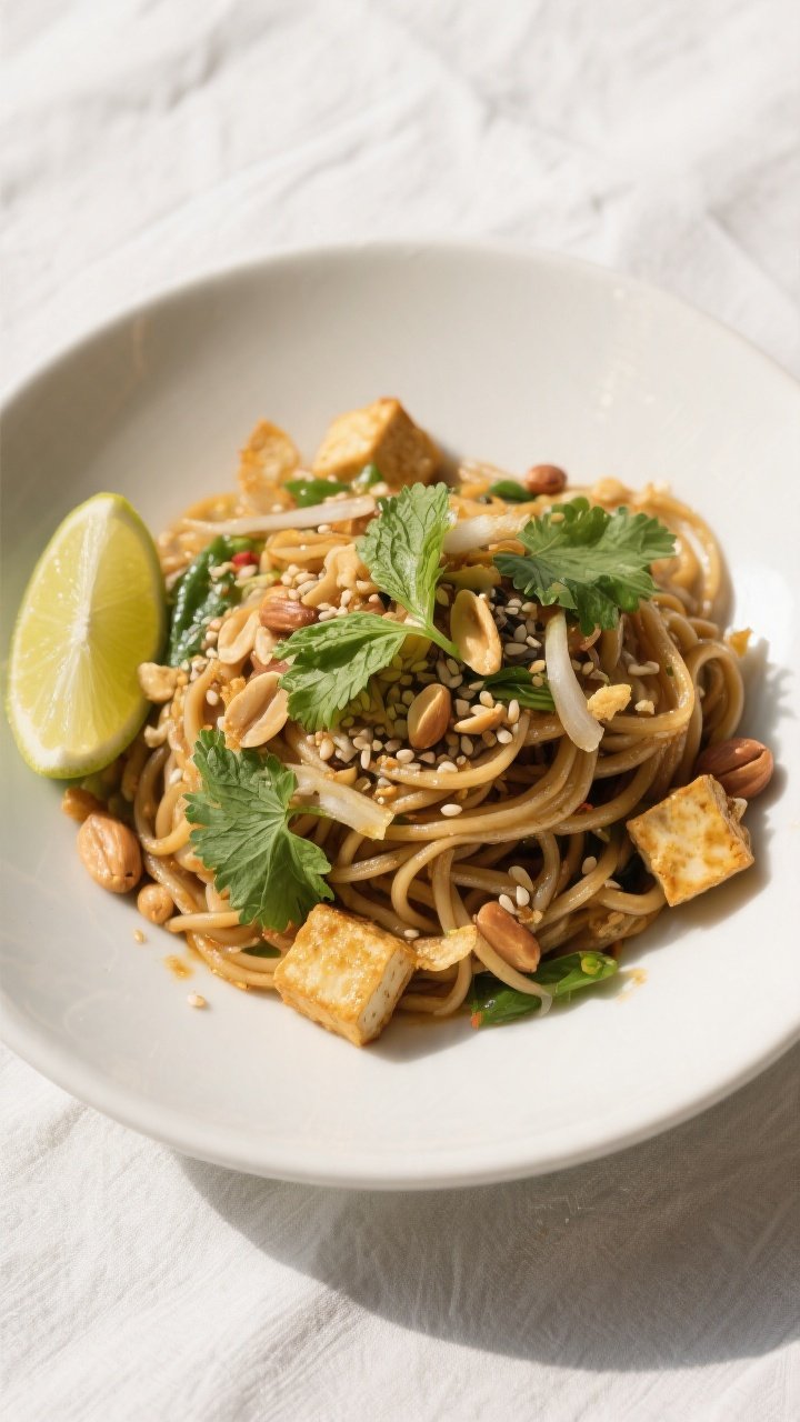Final dish top view: Beautifully plated Thai Peanut Noodle Salad in a matte white shallow bowl, garn