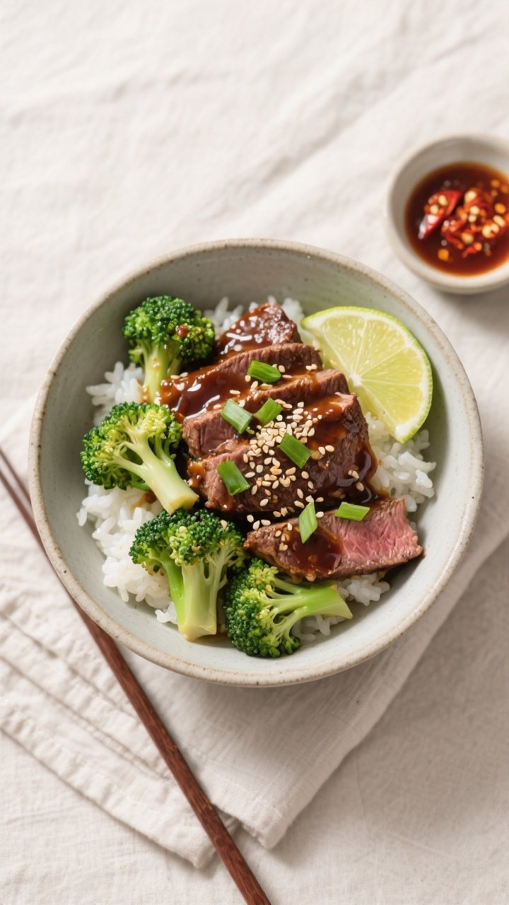 Final dish top view: Garlic Steak and Broccoli Bowl served over fluffy white rice in a matte ceramic