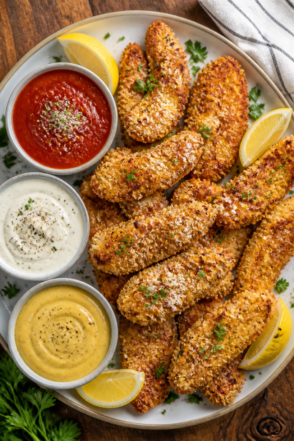Final dish top view: Overhead shot of a platter of Crispy Air Fryer Parmesan Chicken Tenders, piled 