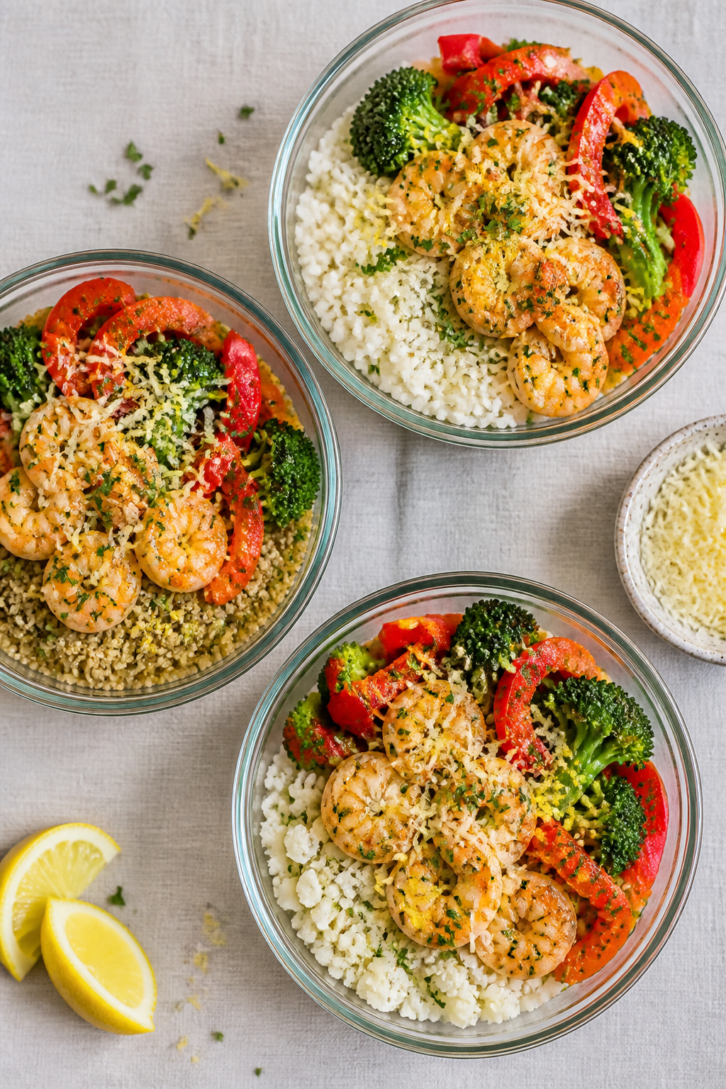 Final dish top view: Overhead shot of meal prep bowls neatly assembled—one with fluffy white rice,