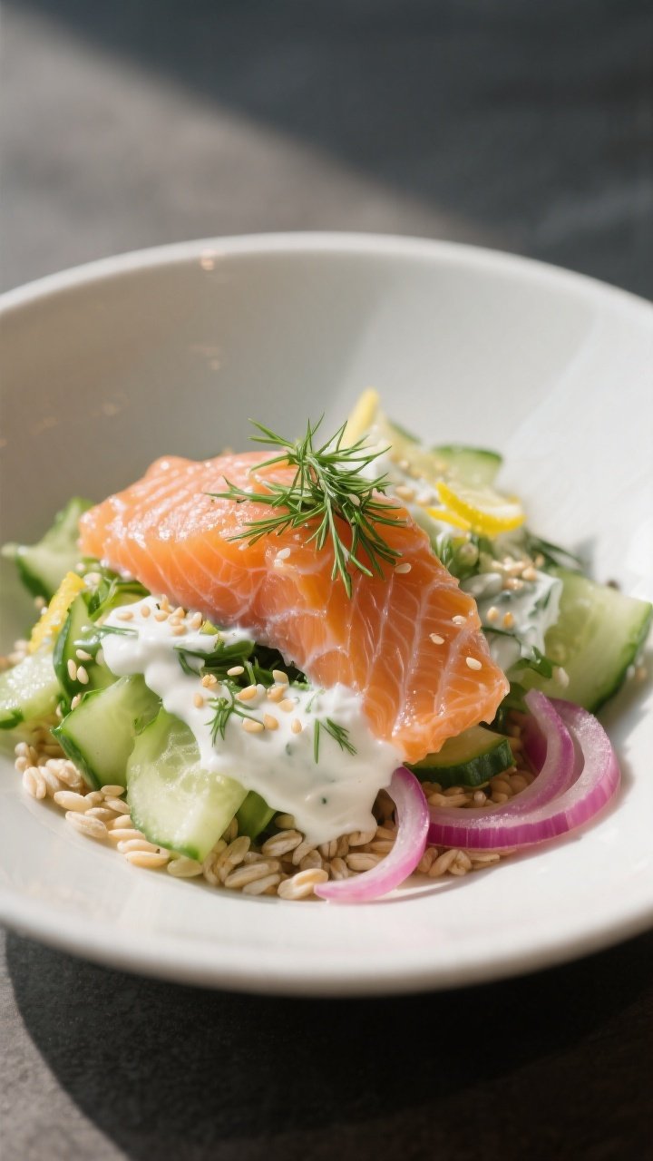 Final plated beauty, close-up detail: Elegantly plated Fresh Dill Salmon Cucumber Bowl on a matte wh