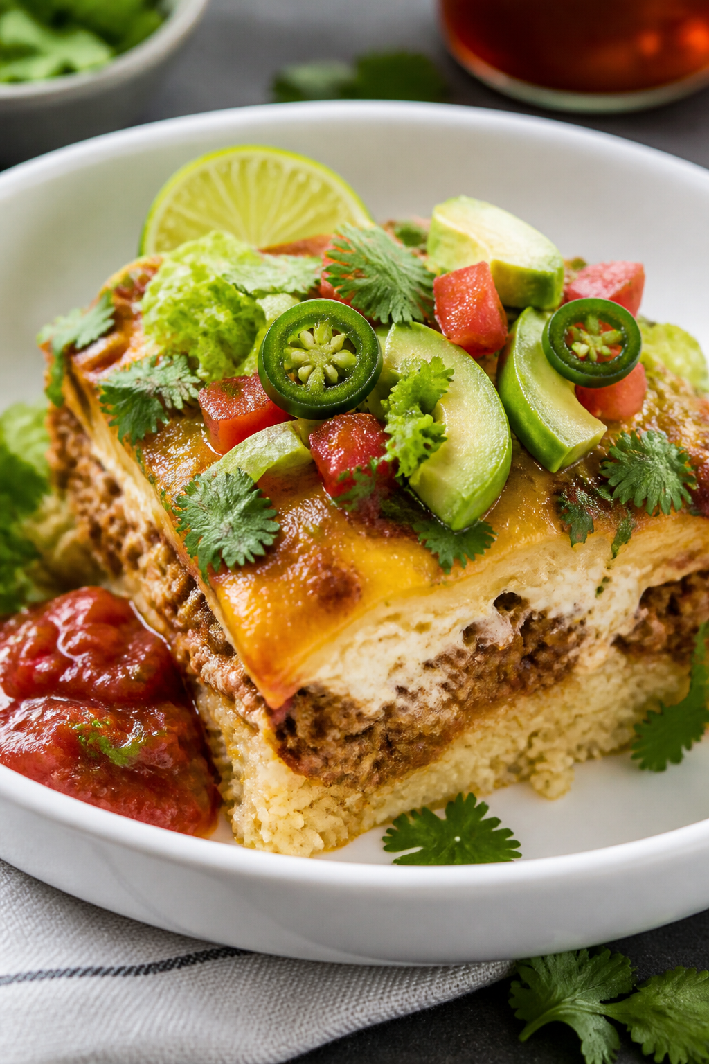 Final plated beauty: Million Dollar Low Carb Taco Casserole slice nestled in a shallow white bowl, c