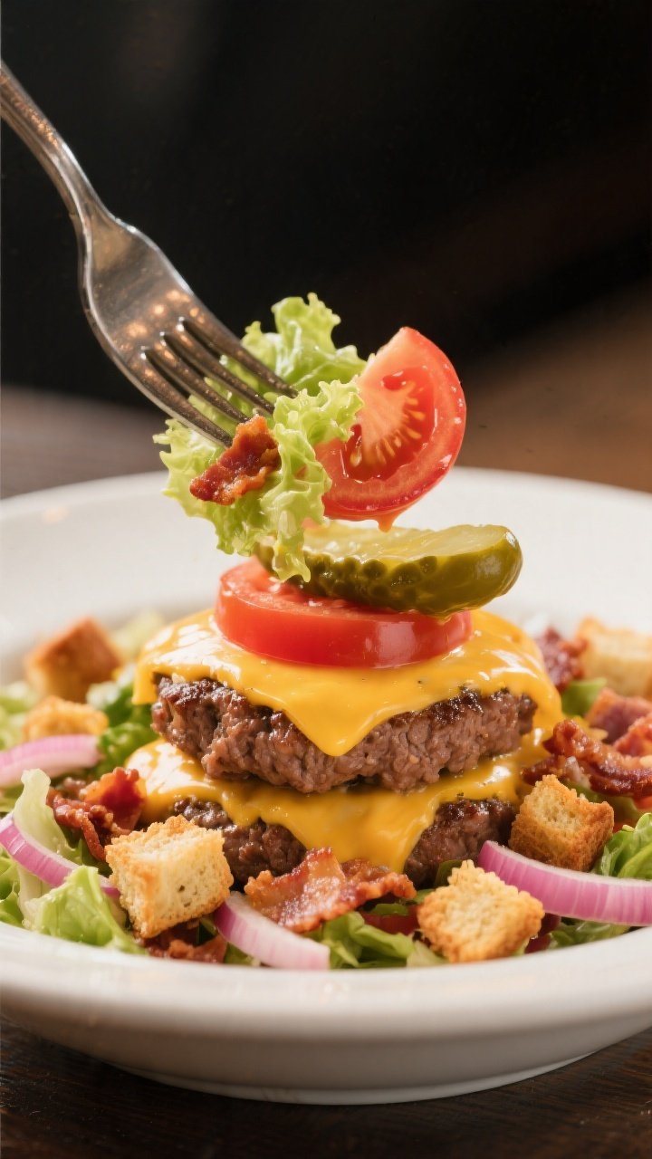 Final plated beauty: Restaurant-quality presentation of the Loaded Cheeseburger Dinner Salad, three-
