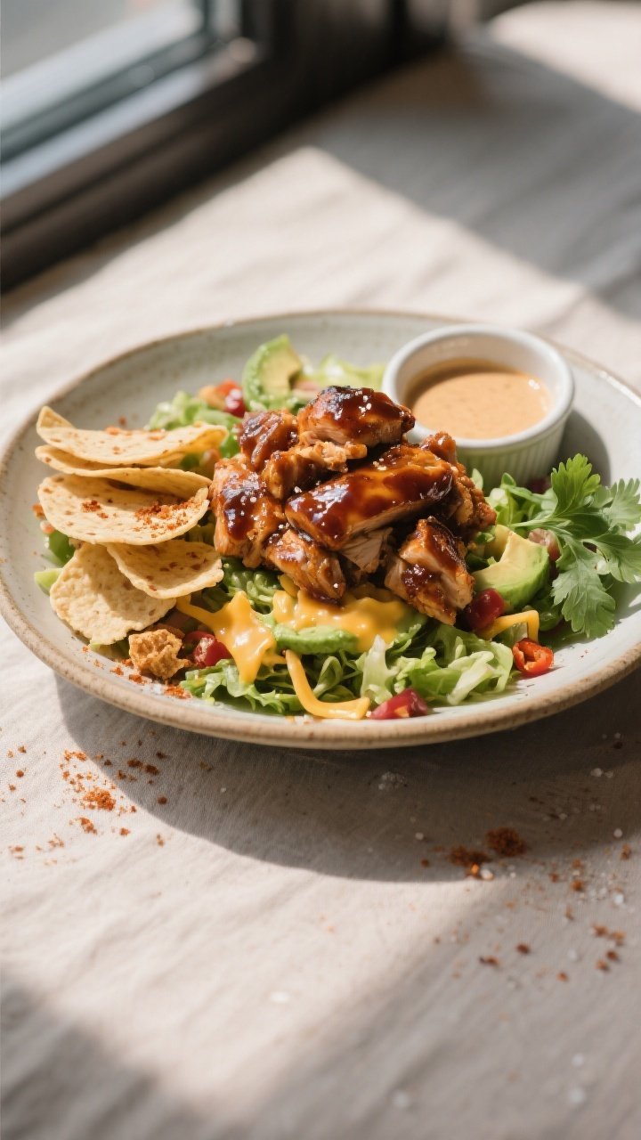 Final plated beauty: Restaurant-quality presentation of BBQ Chicken Crunch Salad in a shallow cerami