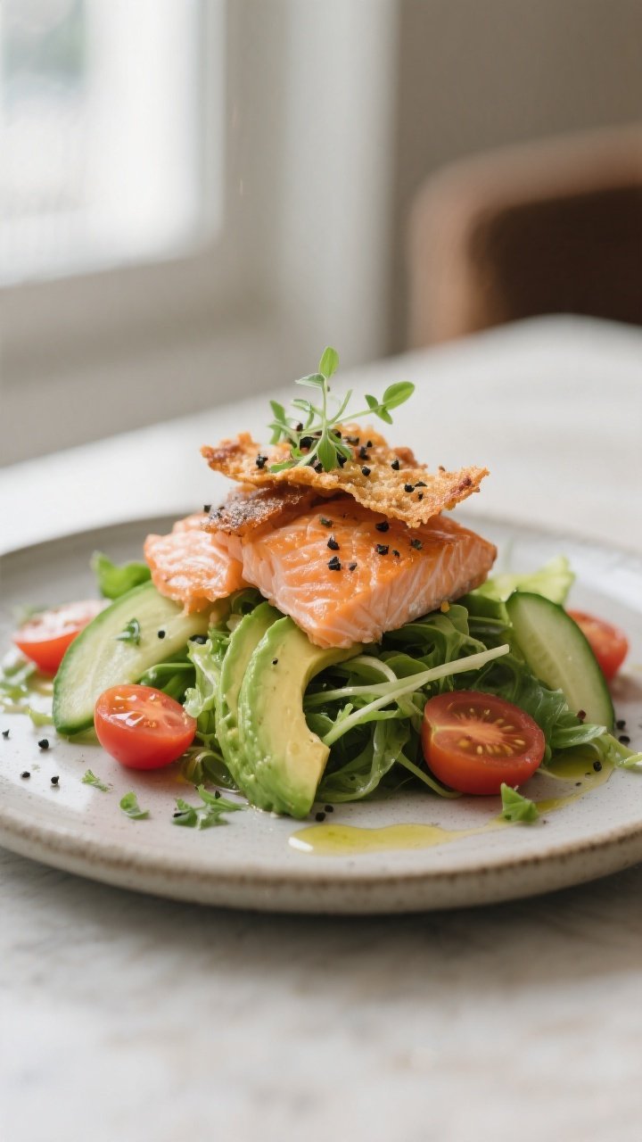 Final plated beauty: Restaurant-quality presentation of Crispy Salmon Avocado Salad on a matte stone