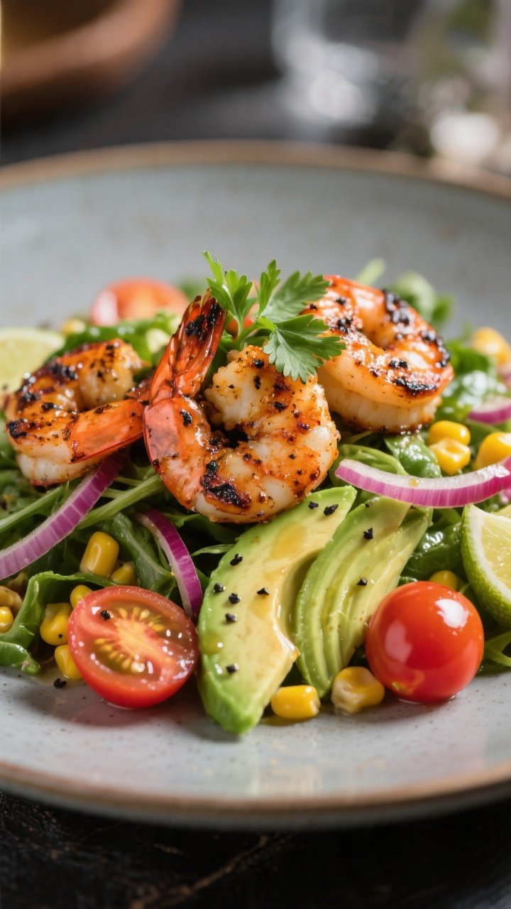 Final plated beauty: Restaurant-quality presentation of the Blackened Shrimp Avocado Salad on a matt