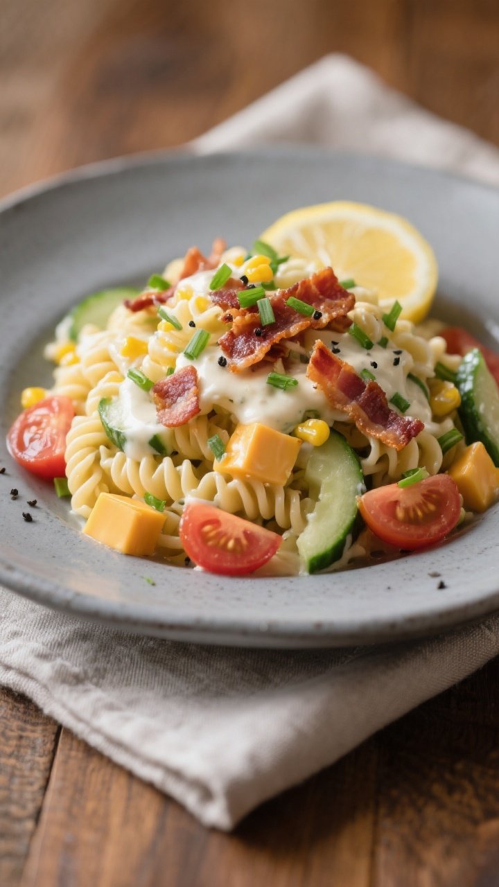 Final plated beauty: Restaurant-quality presentation of a chilled mound of Bacon Ranch Pasta Dinner 