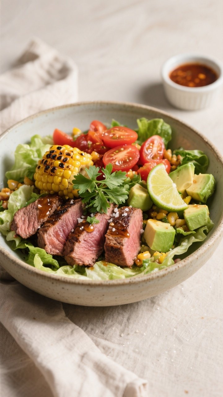 Final plated beauty: Restaurant-quality presentation of Grilled Steak & Corn Salad Bowl on a wide, s