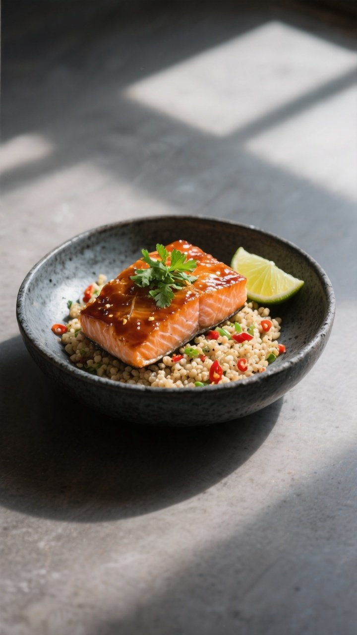 Final plated beauty: Restaurant-quality presentation of a single salmon bowl on a dark stoneware pla